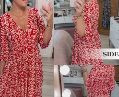 🔥Bohemian casual print V-neck shirred waist long dress