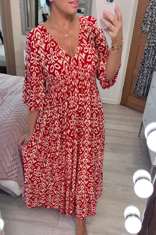 🔥Bohemian casual print V-neck shirred waist long dress