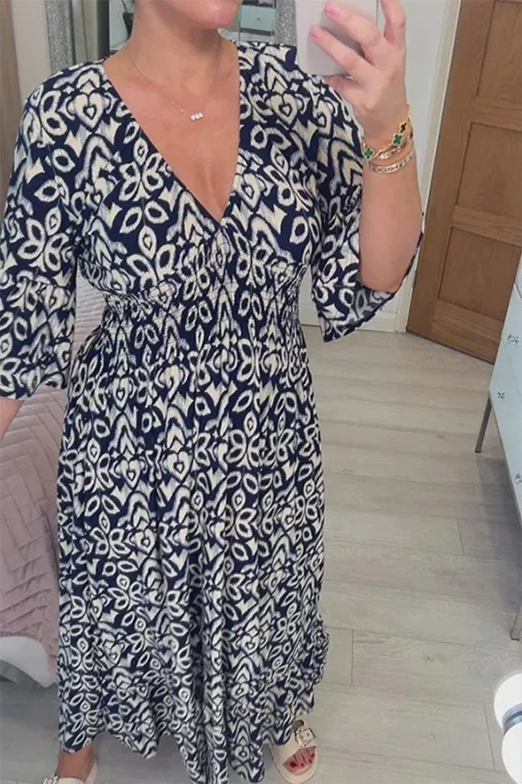 🔥Bohemian casual print V-neck shirred waist long dress