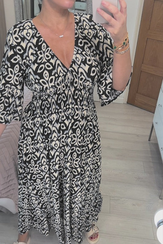 🔥Bohemian casual print V-neck shirred waist long dress