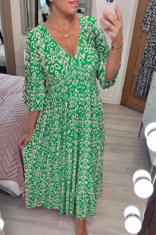 🔥Bohemian casual print V-neck shirred waist long dress