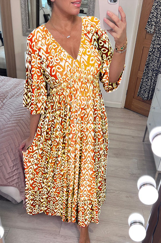 🔥Bohemian casual print V-neck shirred waist long dress