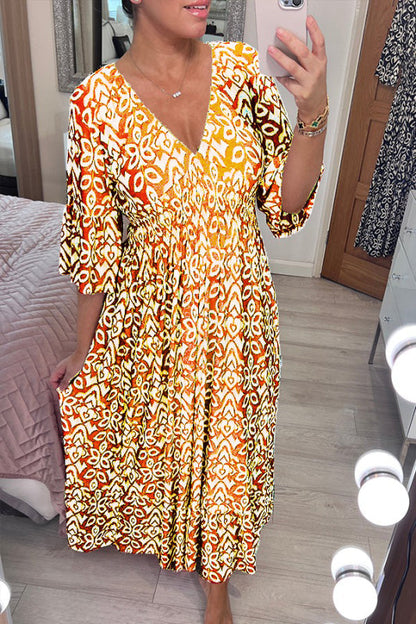 🔥Bohemian casual print V-neck shirred waist long dress