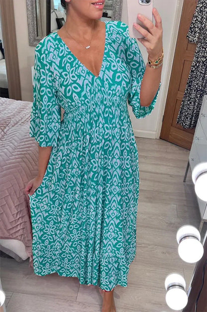 🔥Bohemian casual print V-neck shirred waist long dress