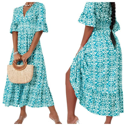 🔥Bohemian casual print V-neck shirred waist long dress