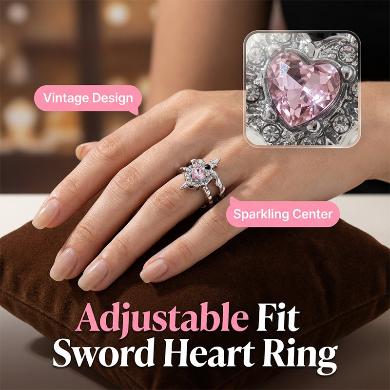 💍Vintage Sword Piercing Heart Ring – Adjustable, Pink Rhinestone, Gothic Edge ⚔️