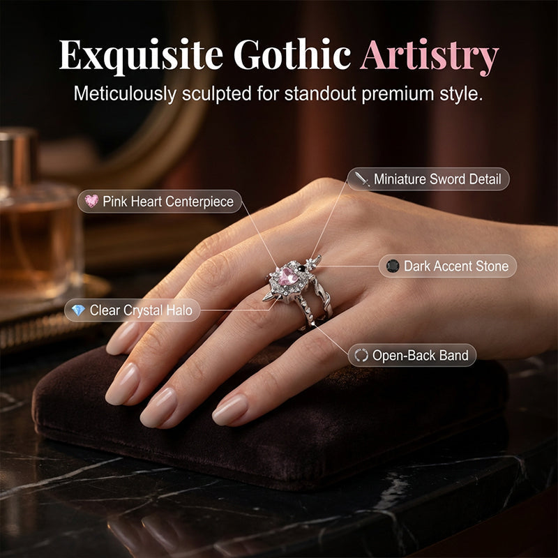 💍Vintage Sword Piercing Heart Ring – Adjustable, Pink Rhinestone, Gothic Edge ⚔️