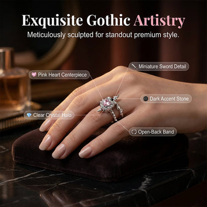 💍Vintage Sword Piercing Heart Ring – Adjustable, Pink Rhinestone, Gothic Edge ⚔️