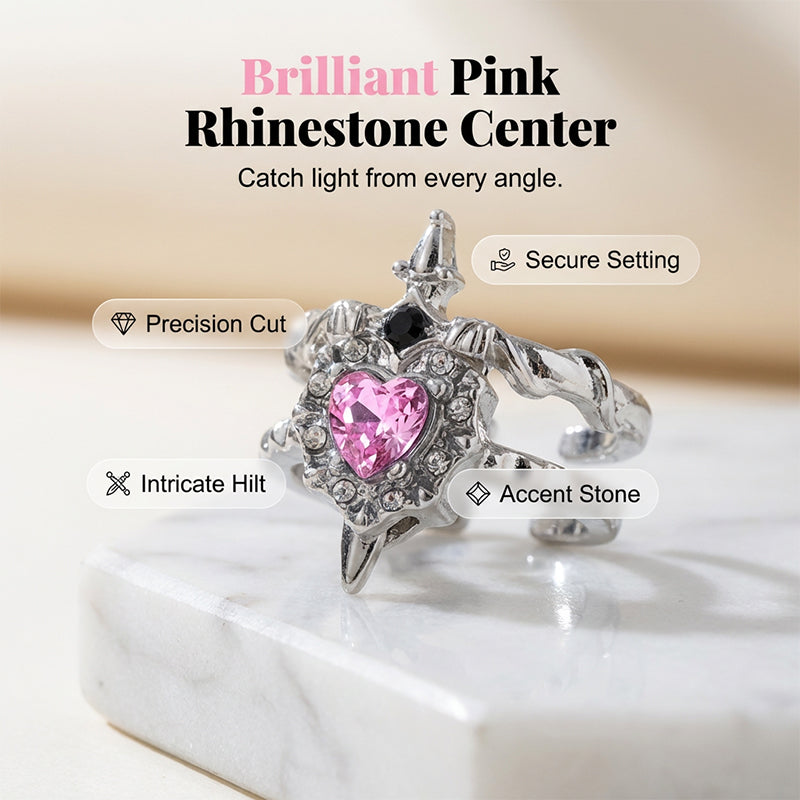 💍Vintage Sword Piercing Heart Ring – Adjustable, Pink Rhinestone, Gothic Edge ⚔️