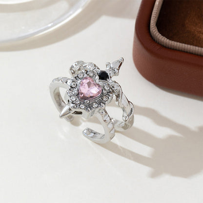 💍Vintage Sword Piercing Heart Ring – Adjustable, Pink Rhinestone, Gothic Edge ⚔️