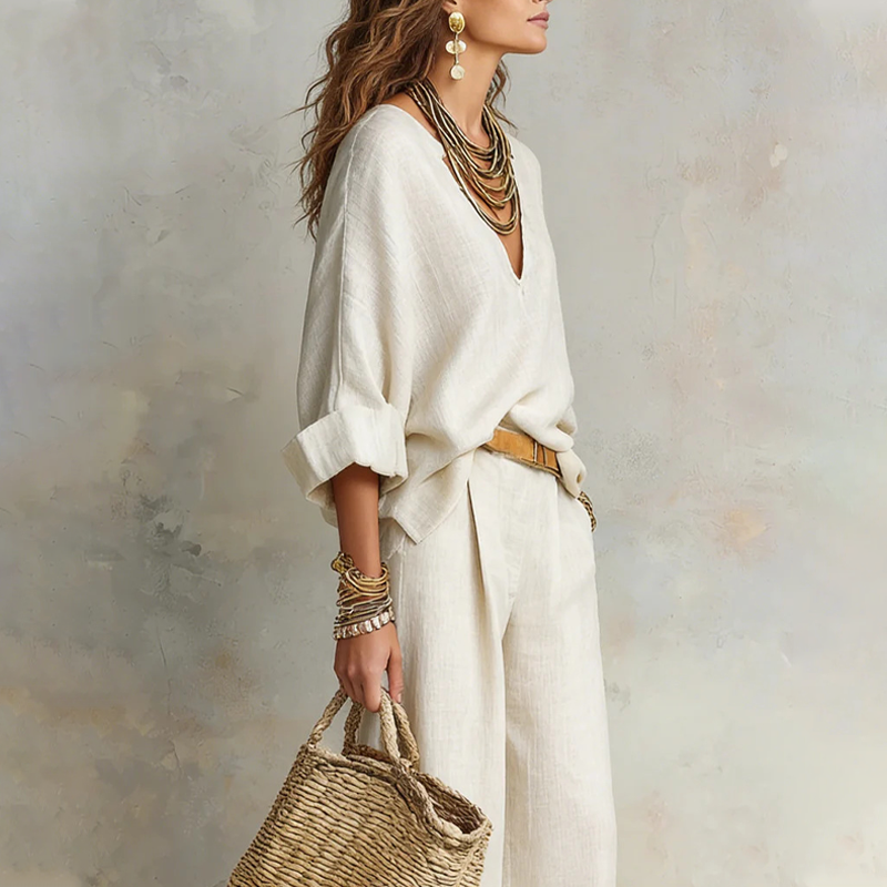 Women's V-Neck Top & Wide-Leg Pants 2-Piece Set