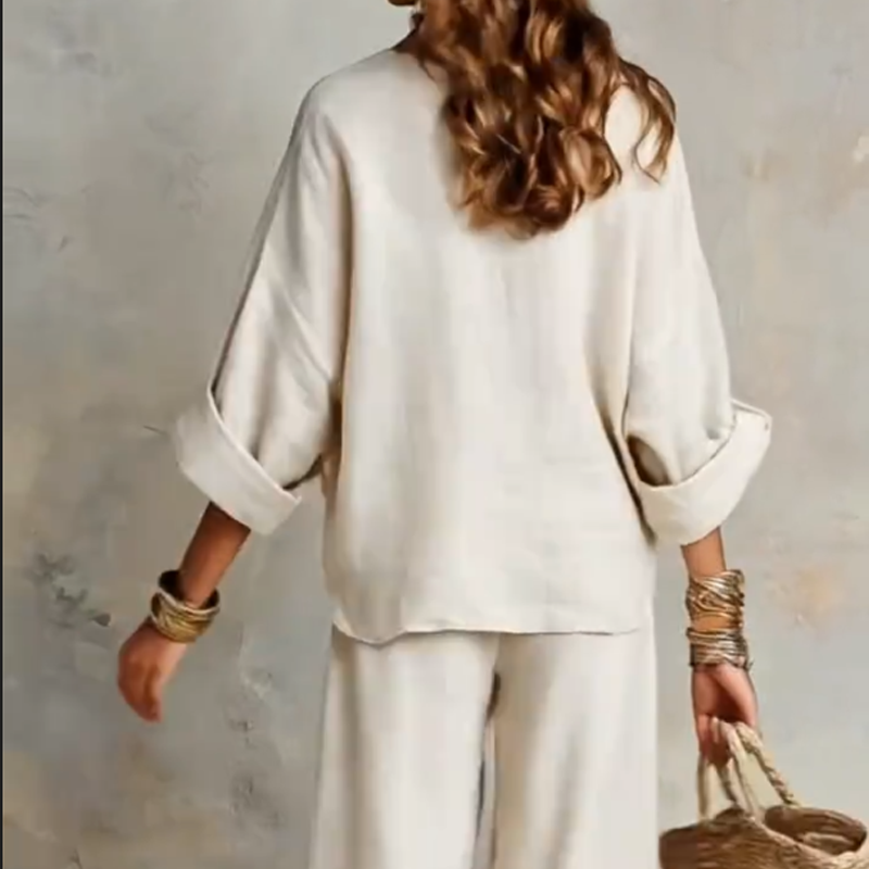 Women's V-Neck Top & Wide-Leg Pants 2-Piece Set