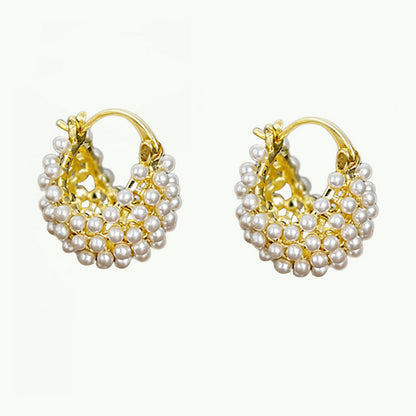 💍 LIMITED-TIME 50% OFF! ✨ Faux Pearl Basket Hoop Earrings – Gold Tone, Unique Weave, Classic Elegance 🪀