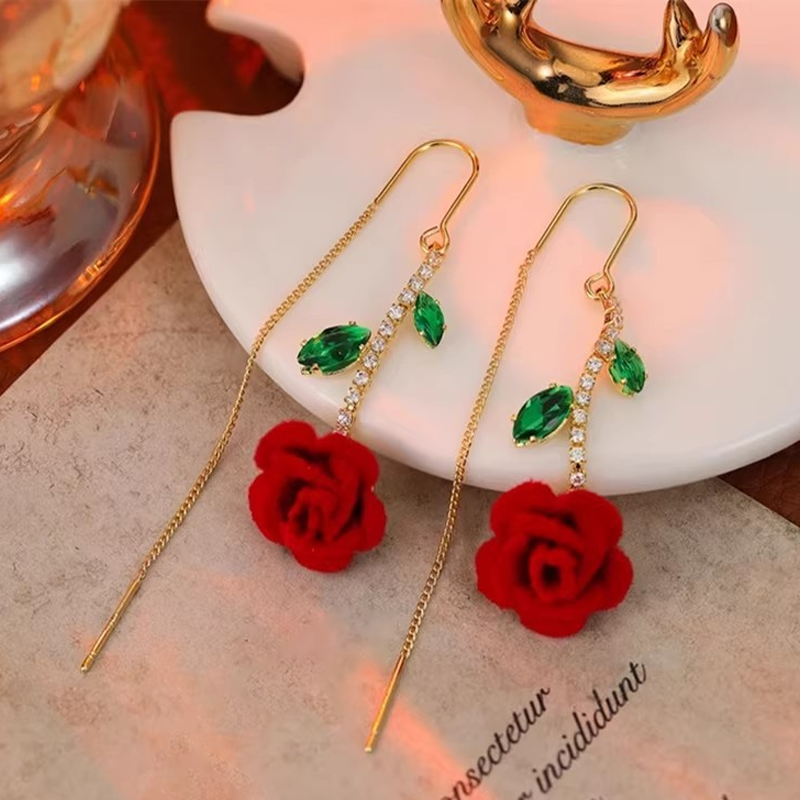 🌹 LIMITED-TIME 50% OFF! ✨ Red Rose Threader Earrings with Crystal Stem – Adjustable, Micro-Inlay, Lightweight
