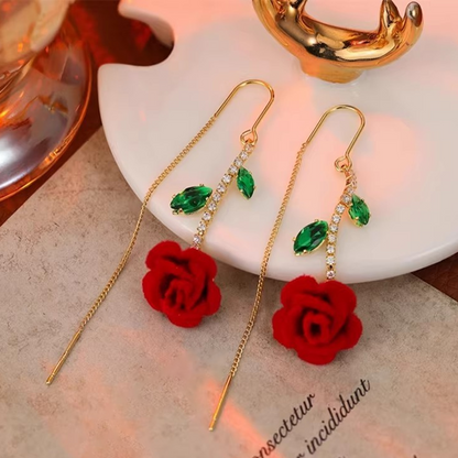 🌹 LIMITED-TIME 50% OFF! ✨ Red Rose Threader Earrings with Crystal Stem – Adjustable, Micro-Inlay, Lightweight