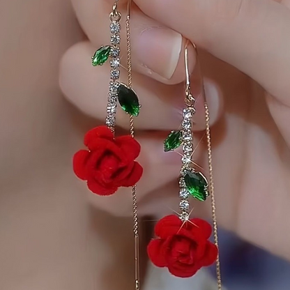 🌹 LIMITED-TIME 50% OFF! ✨ Red Rose Threader Earrings with Crystal Stem – Adjustable, Micro-Inlay, Lightweight