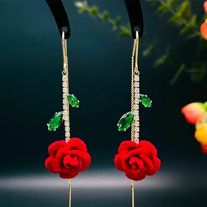 🌹 LIMITED-TIME 50% OFF! ✨ Red Rose Threader Earrings with Crystal Stem – Adjustable, Micro-Inlay, Lightweight