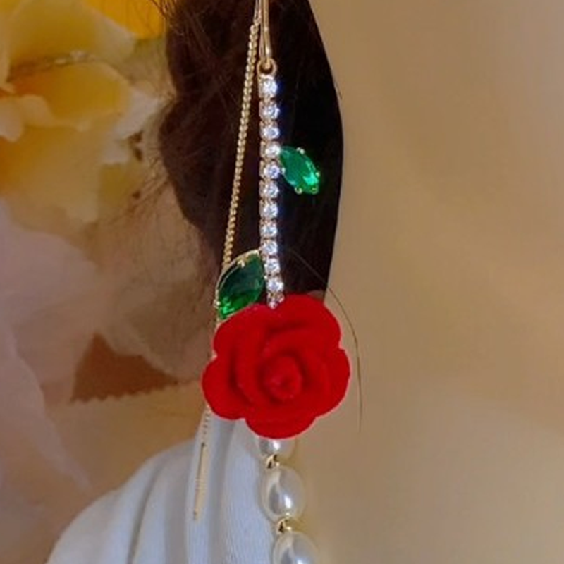 🌹 LIMITED-TIME 50% OFF! ✨ Red Rose Threader Earrings with Crystal Stem – Adjustable, Micro-Inlay, Lightweight
