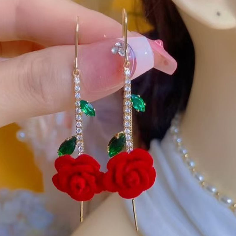 🌹 LIMITED-TIME 50% OFF! ✨ Red Rose Threader Earrings with Crystal Stem – Adjustable, Micro-Inlay, Lightweight