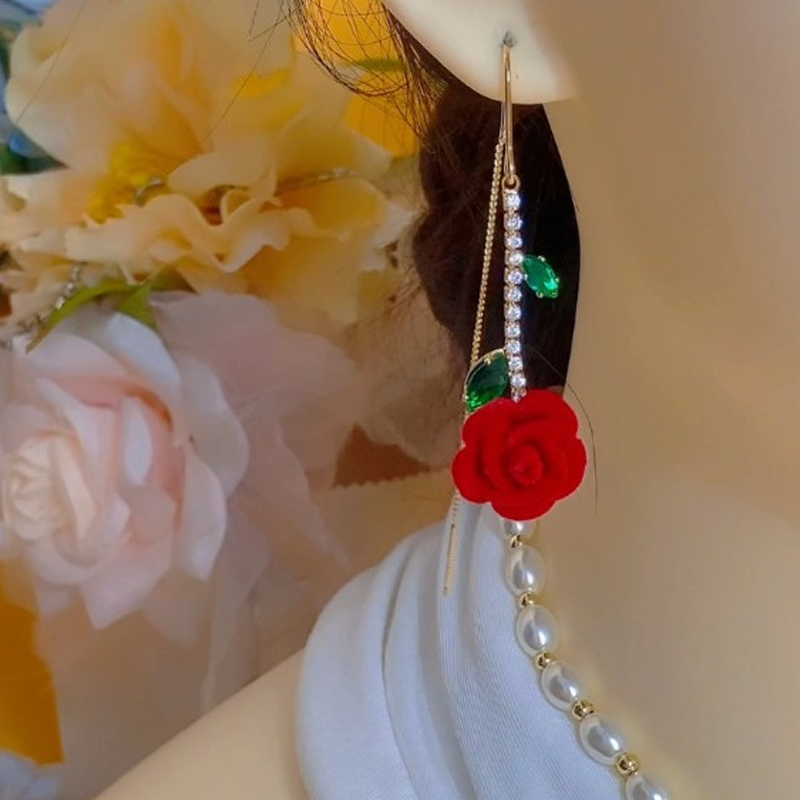 🌹 LIMITED-TIME 50% OFF! ✨ Red Rose Threader Earrings with Crystal Stem – Adjustable, Micro-Inlay, Lightweight