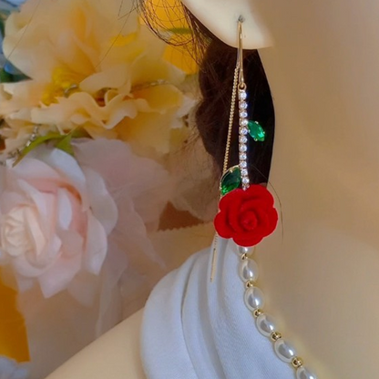 🌹 LIMITED-TIME 50% OFF! ✨ Red Rose Threader Earrings with Crystal Stem – Adjustable, Micro-Inlay, Lightweight