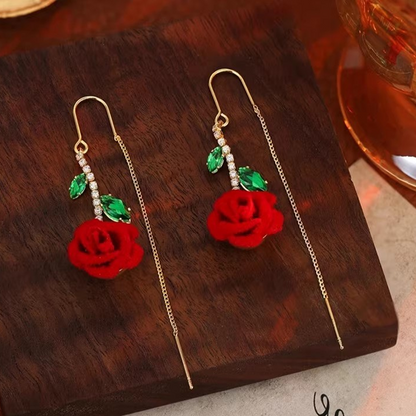 🌹 LIMITED-TIME 50% OFF! ✨ Red Rose Threader Earrings with Crystal Stem – Adjustable, Micro-Inlay, Lightweight