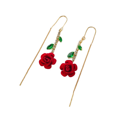 🌹 LIMITED-TIME 50% OFF! ✨ Red Rose Threader Earrings with Crystal Stem – Adjustable, Micro-Inlay, Lightweight