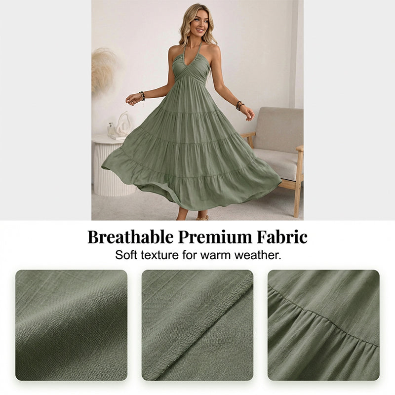 Women's Halter Neck Backless Tiered Maxi Dress