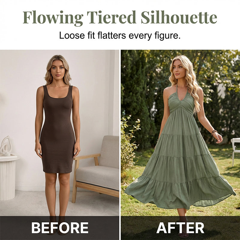 Women's Halter Neck Backless Tiered Maxi Dress
