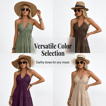 Women's Halter Neck Backless Tiered Maxi Dress