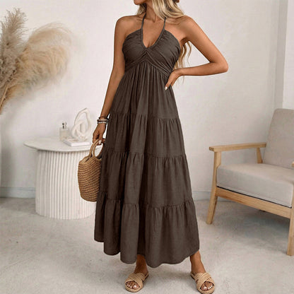 Women's Halter Neck Backless Tiered Maxi Dress