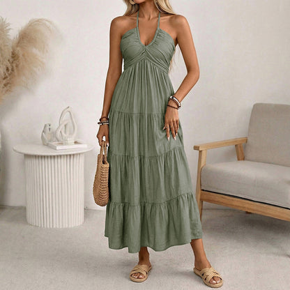 Women's Halter Neck Backless Tiered Maxi Dress