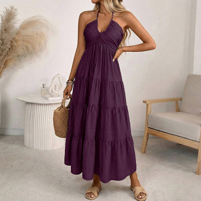 Women's Halter Neck Backless Tiered Maxi Dress
