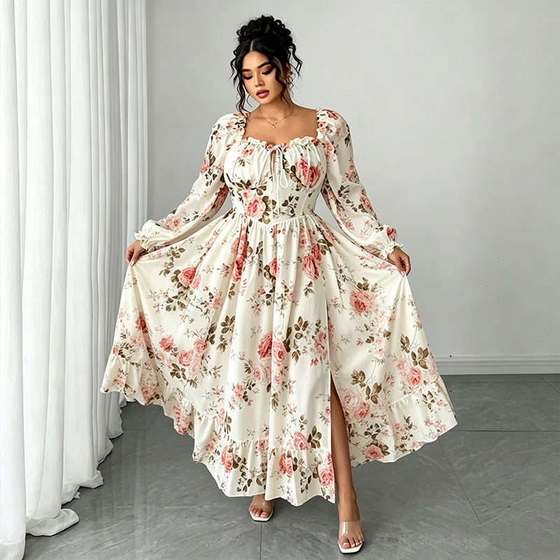Floral Print Square Neck Long Sleeve Maxi Dress