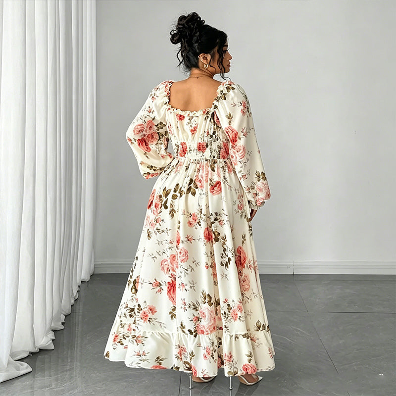 Floral Print Square Neck Long Sleeve Maxi Dress
