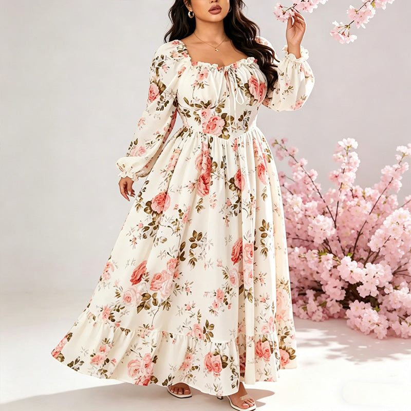 Floral Print Square Neck Long Sleeve Maxi Dress