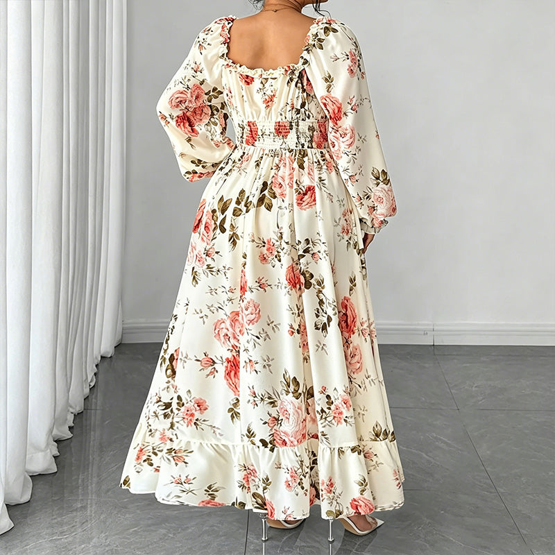 Floral Print Square Neck Long Sleeve Maxi Dress