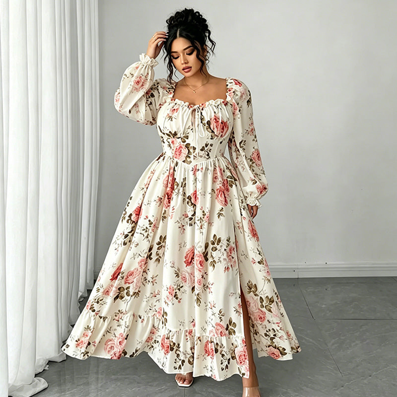 Floral Print Square Neck Long Sleeve Maxi Dress