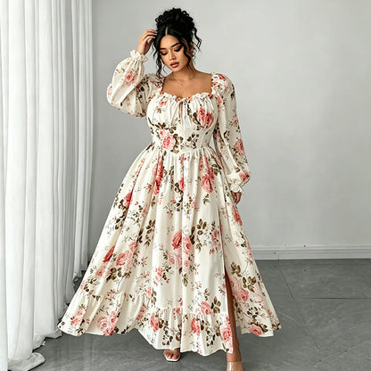 Floral Print Square Neck Long Sleeve Maxi Dress