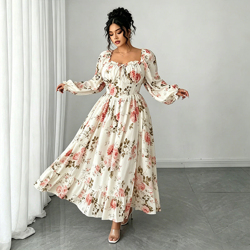 Floral Print Square Neck Long Sleeve Maxi Dress