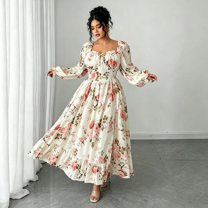 Floral Print Square Neck Long Sleeve Maxi Dress