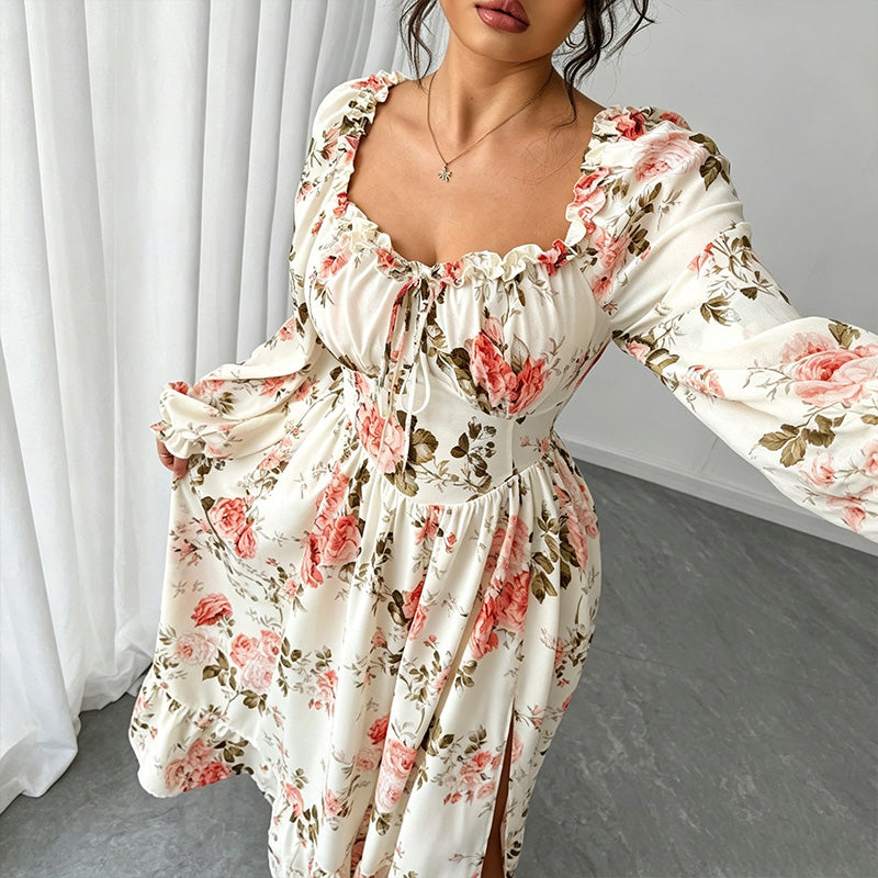 Floral Print Square Neck Long Sleeve Maxi Dress