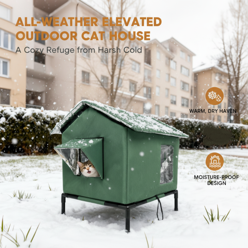 ⏰🔥LIMITED TIME 50% OFF! 🐾 Waterproof Outdoor Cat House – Thermal Aluminium Lining, Elevated 12cm, Foldable, Weatherproof – Warm & Dry Shelter for Feral or Outdoor Cats (M/L, Black/Dark Grey/Dark Green)