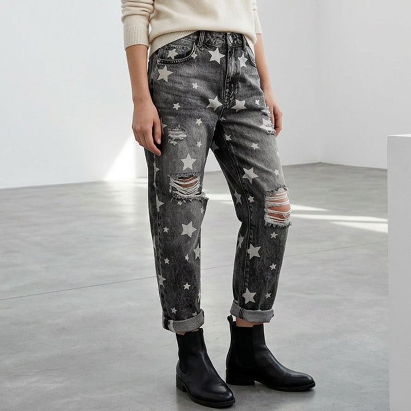 Women's Star Print Distressed High Waist Jeans