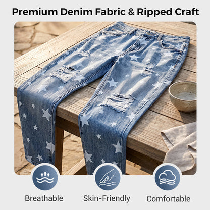 Women's Star Print Distressed High Waist Jeans