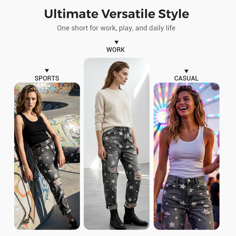 Women's Star Print Distressed High Waist Jeans