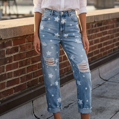 Women's Star Print Distressed High Waist Jeans