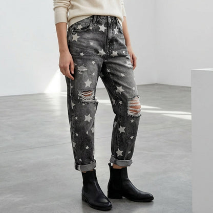 Women's Star Print Distressed High Waist Jeans