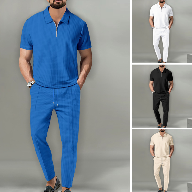 ✨Men's 2-Piece Set – Short Sleeve Top & Straight Leg Pants, Adjustable, Wrinkle-Resistant 🌿