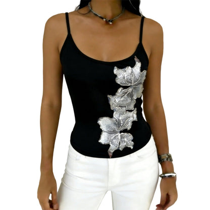 Slim Fit Spaghetti Strap Tank with Sequin Flower